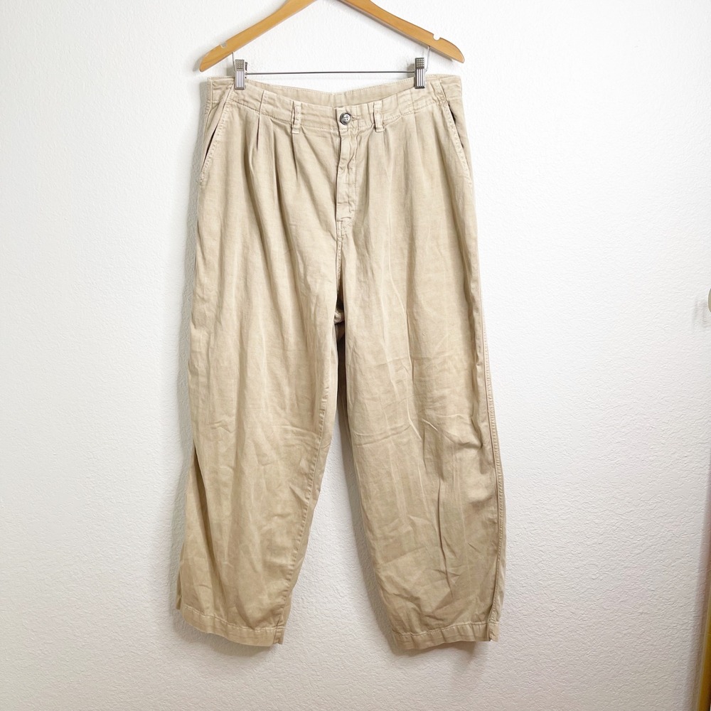 Free People Pleated Barrel Leg Pants Khaki Tan‎ Cotton Linen Relaxed Womens 12
